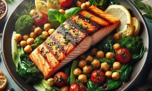 Mediterranean Roasted Salmon With Smoky Chickpeas Greens