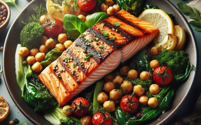 Mediterranean Roasted Salmon With Smoky Chickpeas Greens